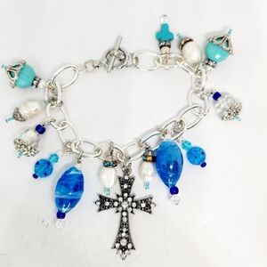 Vtg Silver Tone Italian Art Glass Charm Bracelet Real Pearl Cross Faux Turquoise